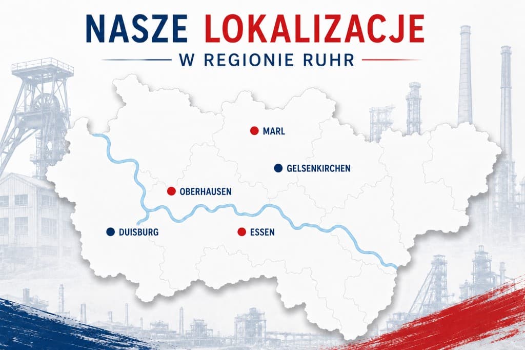 Mapa naszych lokalizacji w regionie Ruhr: Marl, Gelsenkirchen, Oberhausen, Essen i Duisburg