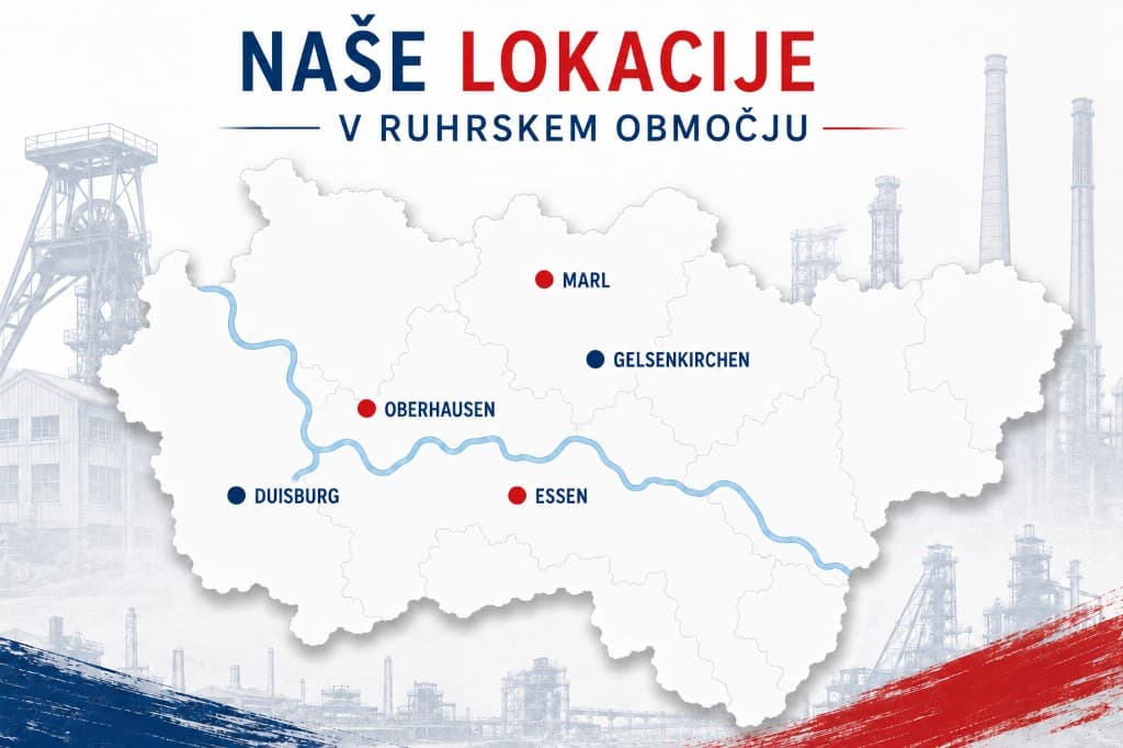 Zemljevid naših lokacij v Ruhrskem območju: Marl, Gelsenkirchen, Oberhausen, Essen in Duisburg